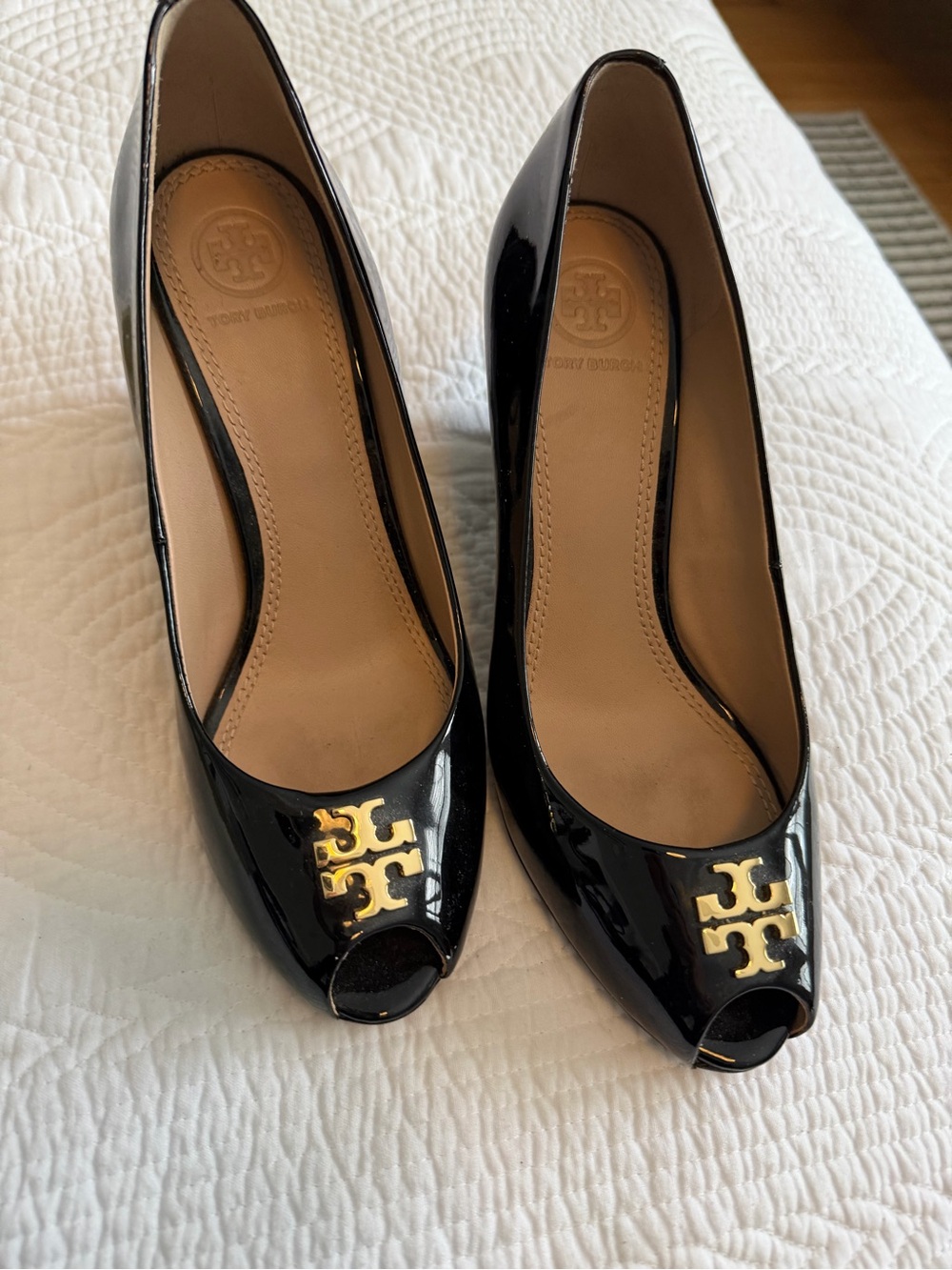 Tory Burch Black Patent Peep-Toe Pumps with Gold Logo Plaque